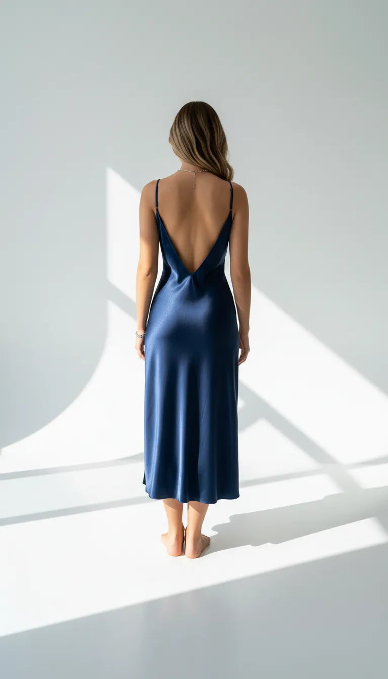 Pyjama Satin Bleu Nuit pour Femme | Nuisette Décolletée et Fendue | 1 Pièce - Vue de dos