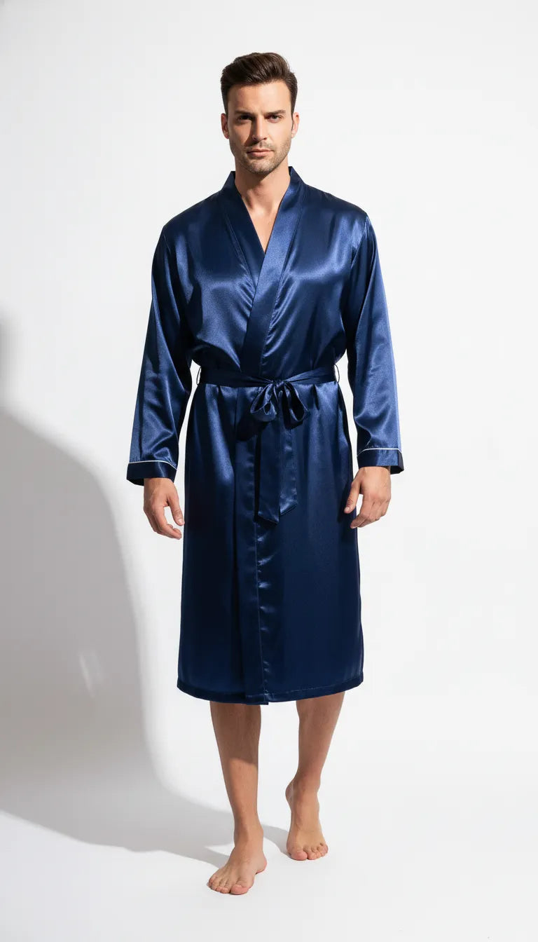 Pyjama Satin Bleu Nuit pour Homme | Kimono Long en Satin | Manches longues | 1 Pièce - Vue de face