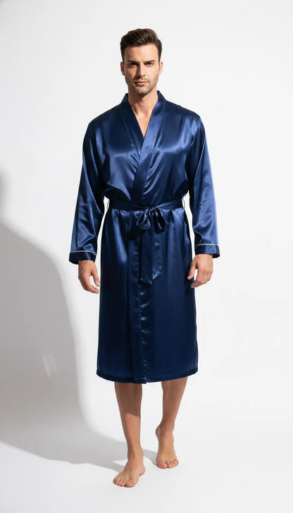 Pyjama Satin Bleu Nuit pour Homme | Kimono Long en Satin | Manches longues | 1 Pièce - Vue de face