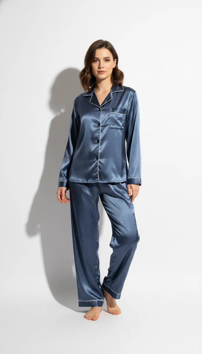 Pyjama Satin Bleu Nuit pour Femme | Chemise Boutonnée avec Poche et Pantalon Fluide | Ensemble 2 Pièces - Vue de face