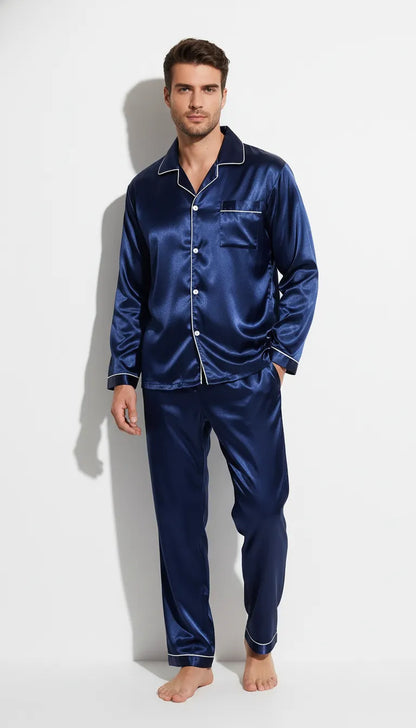 Pyjama Satin Bleu Nuit pour Homme | Élégance Classique | Chemise et Pantalon Longs | Ensemble 2 Pièces - Vue de face