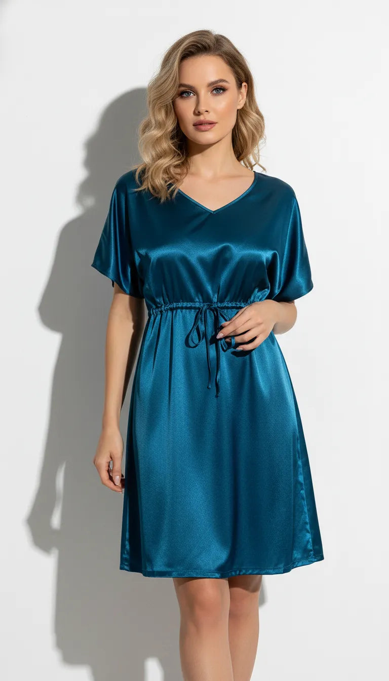 Pyjama Satin Bleu Nuit pour Femme | Nuisette Fluide avec Cordon à la Taille et Manches Courtes | 1 Pièce - Vue de face