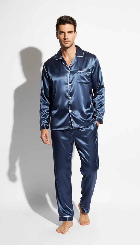 Pyjama Satin Bleu Nuit pour Homme | Classique et Élégant | Chemise à Manches Longues & Pantalon | Ensemble 2 Pièces - Vue de face