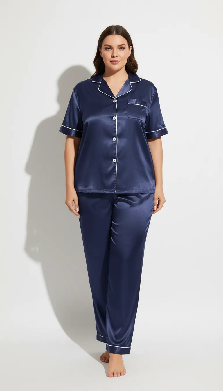 Pyjama Satin Bleu Nuit pour Femme | Ensemble Chemise Manches Courtes & Pantalon | 2 Pièces - Vue de face