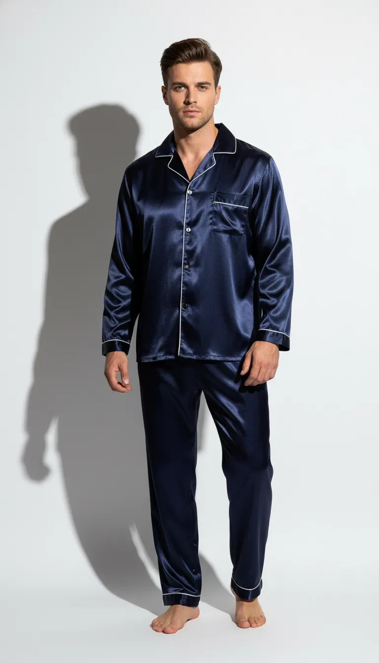Pyjama Satin Bleu Nuit pour Homme | Ensemble Classique avec Liserés Blancs | Chemise Manches Longues et Pantalon | 2 Pièces - Vue de face