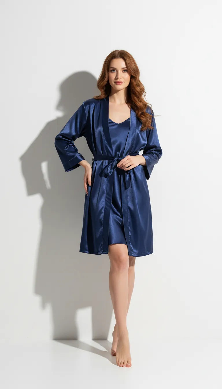Pyjama Satin Bleu Nuit pour Femme | Ensemble Kimono & Nuisette à Bretelles | 2 Pièces - Vue de face