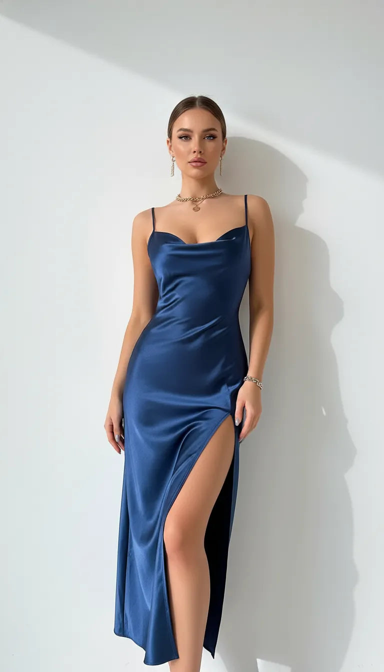 Pyjama Satin Bleu Nuit pour Femme | Nuisette Décolletée et Fendue | 1 Pièce - Vue de face