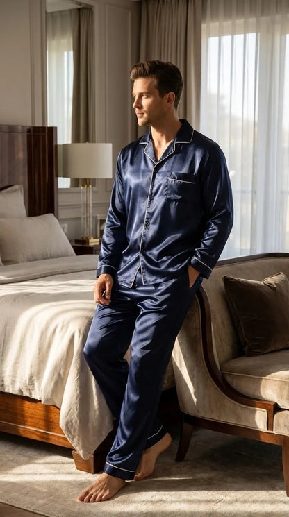 Pyjama Satin Bleu Nuit pour Homme | Ensemble Classique avec Liserés Blancs | Chemise Manches Longues et Pantalon | 2 Pièces - Mise en situation portée