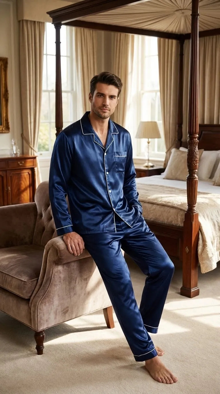 Pyjama Satin Bleu Nuit pour Homme | Élégance Classique | Chemise et Pantalon Longs | Ensemble 2 Pièces - Mise en situation portée