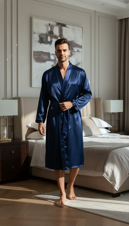 Pyjama Satin Bleu Nuit pour Homme | Kimono Long en Satin | Manches longues | 1 Pièce - Mise en situation portée