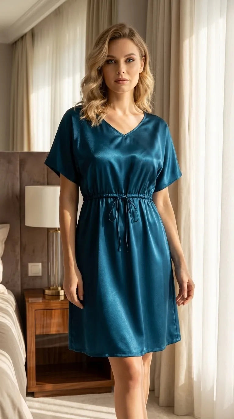 Pyjama Satin Bleu Nuit pour Femme | Nuisette Fluide avec Cordon à la Taille et Manches Courtes | 1 Pièce - Mise en situation portée