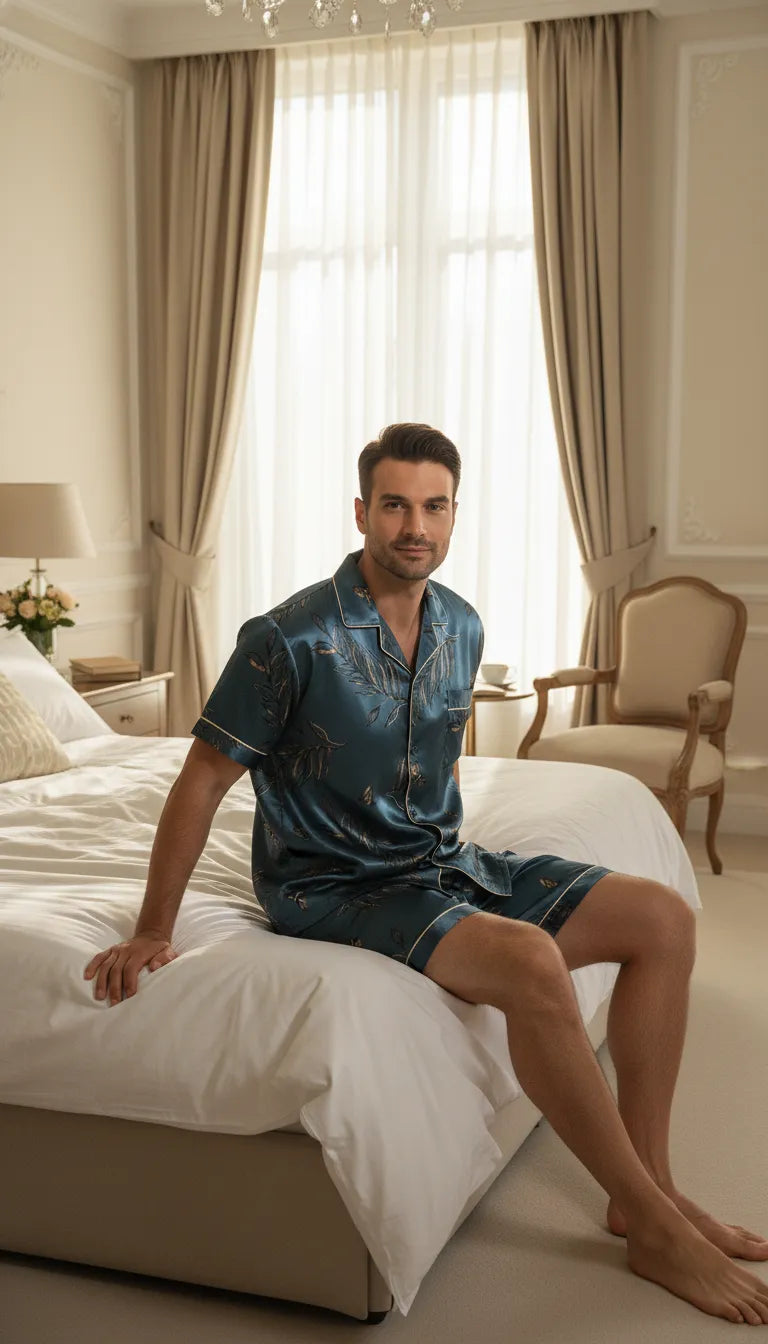 Pyjama Satin Bleu Nuit pour Homme | Motif Feuilles Élégant | Chemise Manches Courtes et Short | Ensemble 2 Pièces - Mise en situation portée