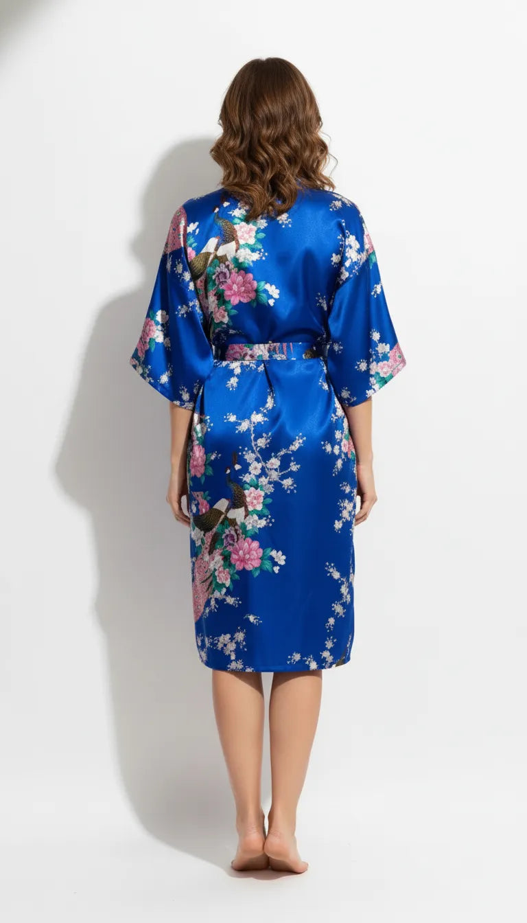 Pyjama Satin Bleu Paon pour Femme | Kimono Long | 1 Pièce - Vue de dos