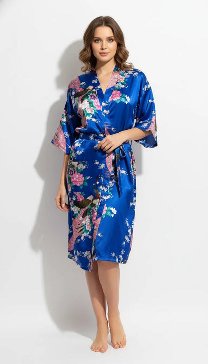 Pyjama Satin Bleu Paon pour Femme | Kimono Long | 1 Pièce - Vue de face