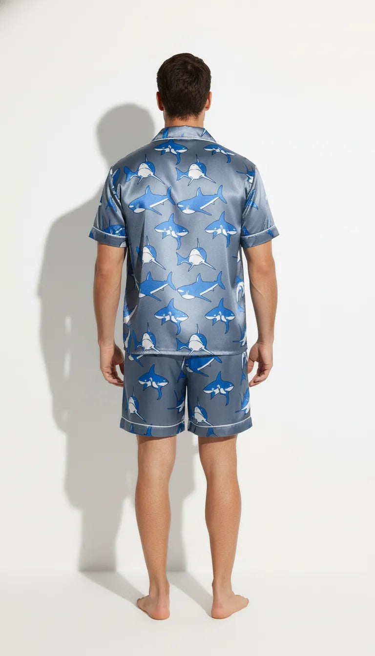 Pyjama Satin Bleu Requin pour Homme | Moderne et Chic | Chemise Manches Courtes & Short | Ensemble 2 Pièces. - Vue de dos
