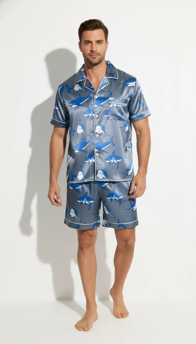 Pyjama Satin Bleu Requin pour Homme | Moderne et Chic | Chemise Manches Courtes & Short | Ensemble 2 Pièces. - Vue de face
