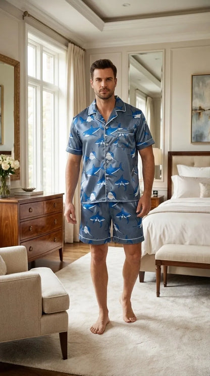 Pyjama Satin Bleu Requin pour Homme | Moderne et Chic | Chemise Manches Courtes & Short | Ensemble 2 Pièces. - Mise en situation portée
