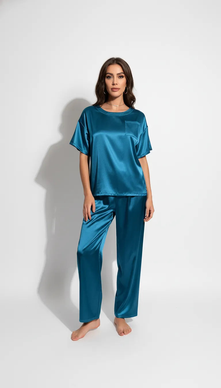Pyjama Satin Bleu Turquoise Femme | Ensemble Chic et Décontracté | T-shirt Manches Courtes et Pantalon 2 Pièces - Vue de face