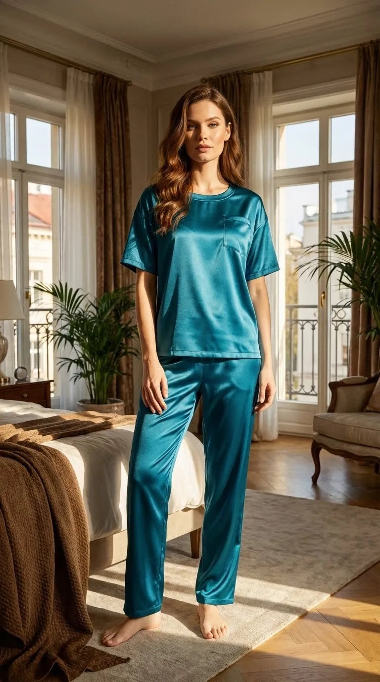 Pyjama Satin Bleu Turquoise Femme | Ensemble Chic et Décontracté | T-shirt Manches Courtes et Pantalon 2 Pièces - Mise en situation portée