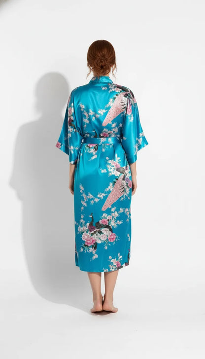 Pyjama Satin Bleu Turquoise pour Femme | Kimono Long à Imprimé Floral et Manches Larges | 1 Pièce - Vue de dos