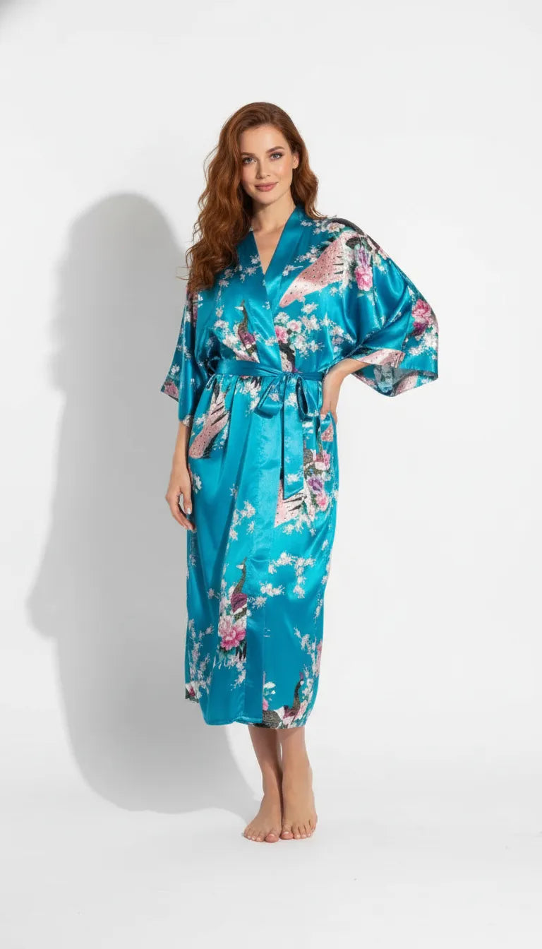 Pyjama Satin Bleu Turquoise pour Femme | Kimono Long à Imprimé Floral et Manches Larges | 1 Pièce - Vue de face