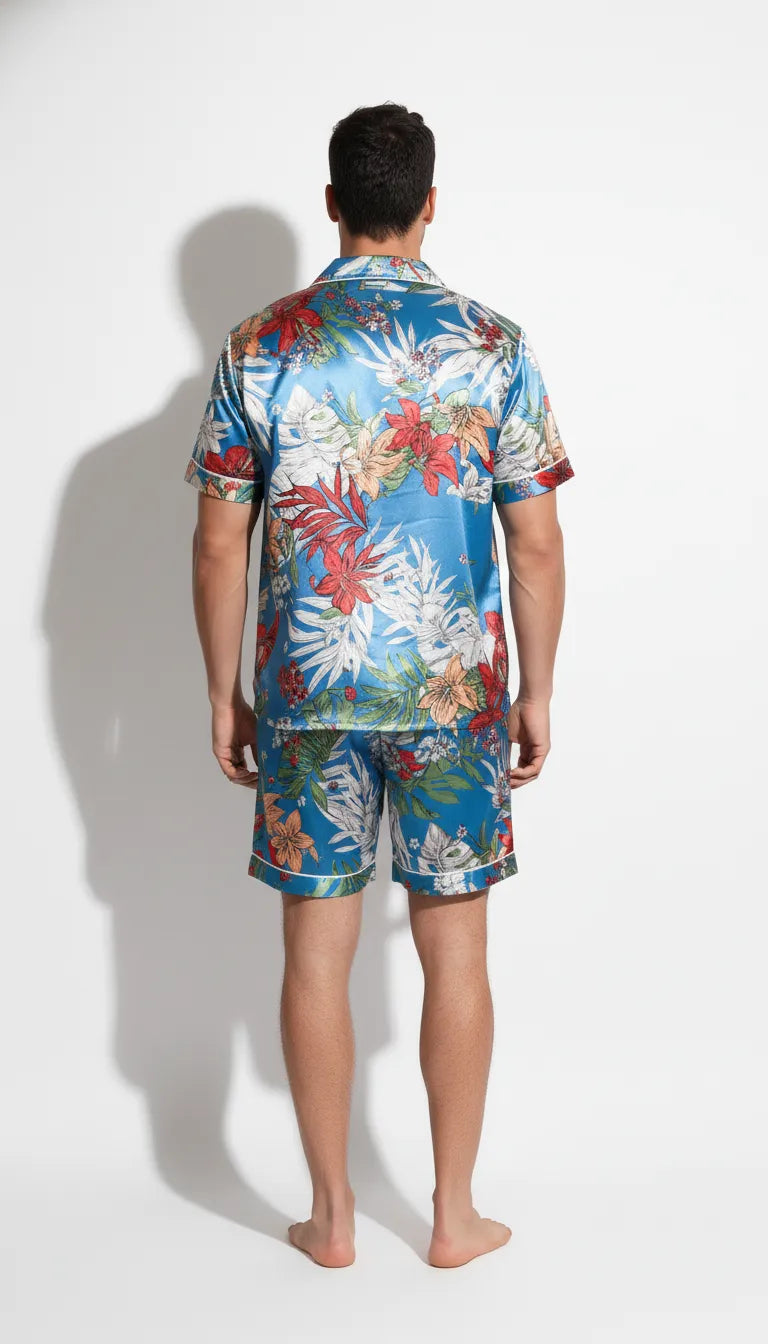 Pyjama Satin Bleu à Motifs Floraux pour Homme | Chic & Confortable | Short et Chemise Manches Courtes | Ensemble 2 Pièces - Vue de dos