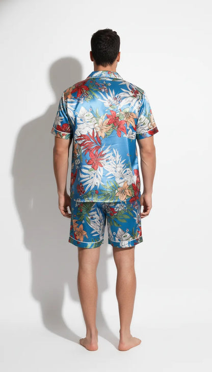 Pyjama Satin Bleu à Motifs Floraux pour Homme | Chic & Confortable | Short et Chemise Manches Courtes | Ensemble 2 Pièces - Vue de dos