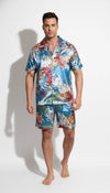 Pyjama Satin Bleu à Motifs Floraux pour Homme | Chic & Confortable | Short et Chemise Manches Courtes | Ensemble 2 Pièces - Vue de face