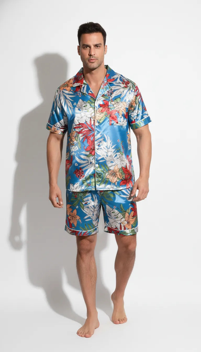 Pyjama Satin Bleu à Motifs Floraux pour Homme | Chic & Confortable | Short et Chemise Manches Courtes | Ensemble 2 Pièces - Vue de face