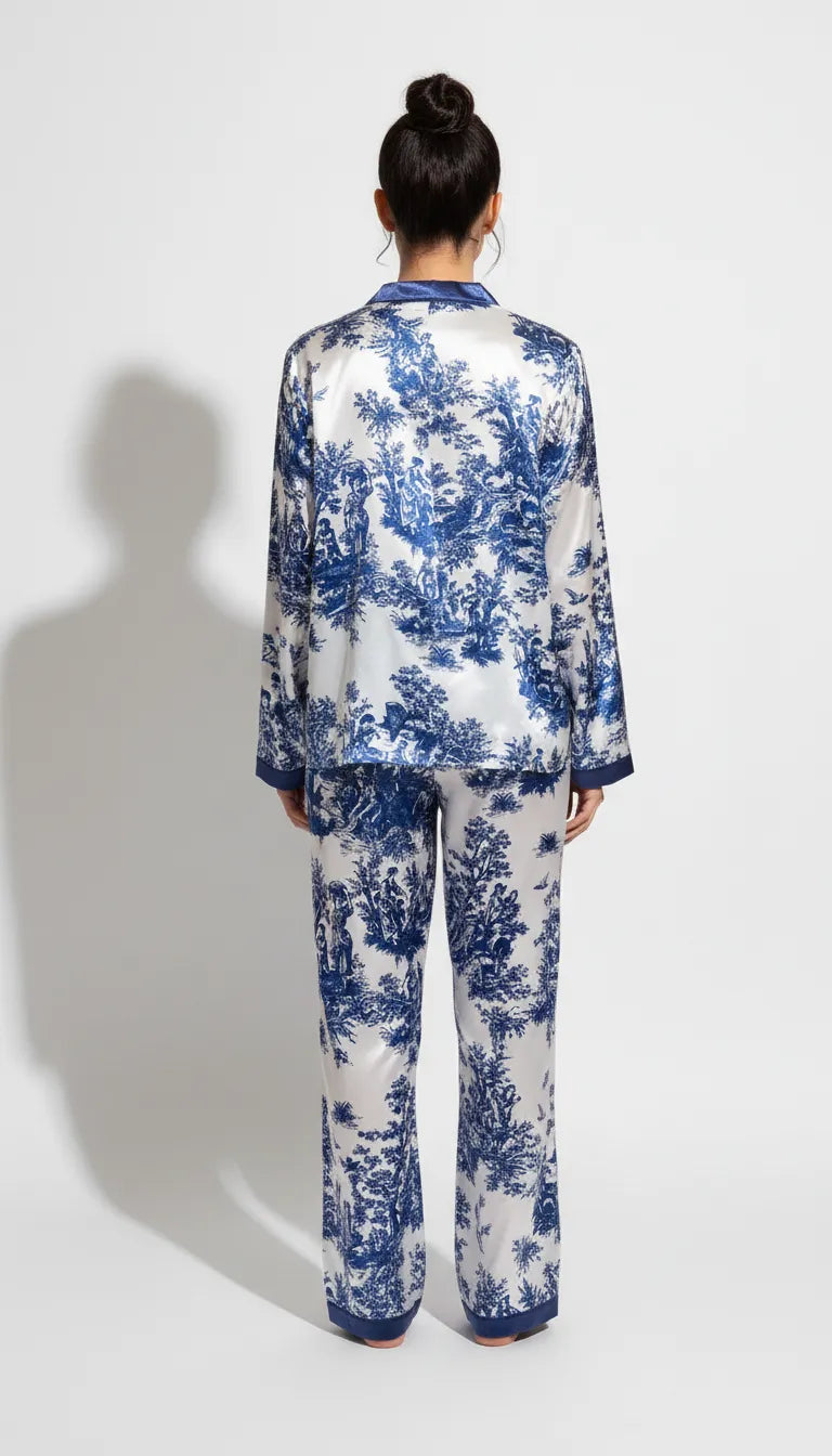 Pyjama Satin Bleu et Blanc Femme | Élégance Toile de Jouy | Ensemble 2 Pièces Manches Longues et Pantalon - Vue de dos