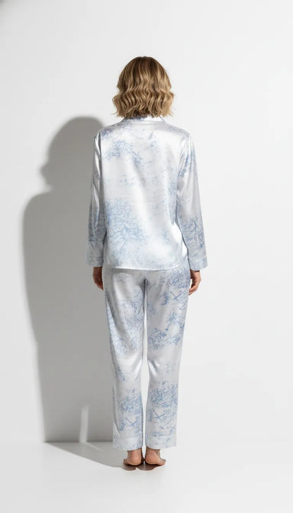 Pyjama Satin Bleu et Blanc Femme | Ensemble Classique Imprimé | Chemise Manches Longues et Pantalon | 2 Pièces - Vue de dos