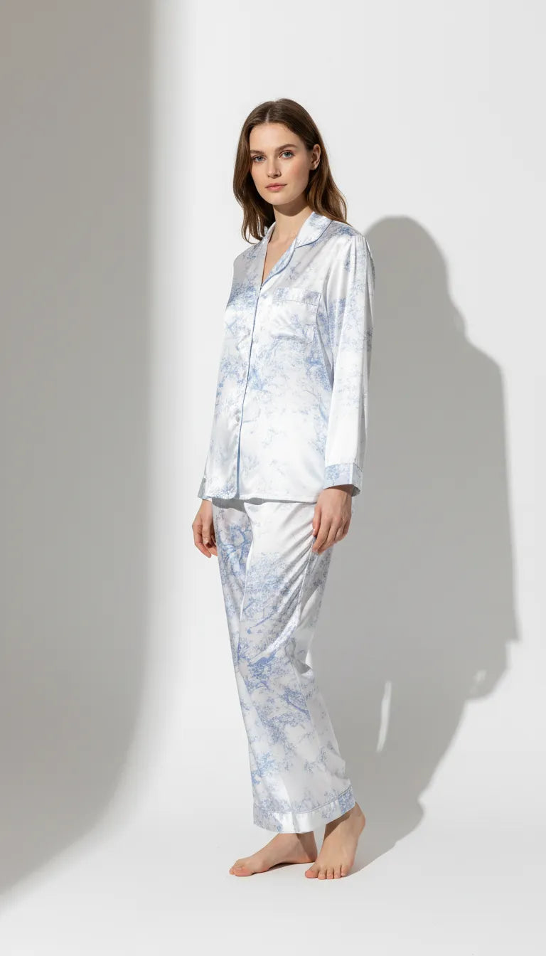 Pyjama Satin Bleu et Blanc Femme | Ensemble Classique Imprimé | Chemise Manches Longues et Pantalon | 2 Pièces - Vue de face