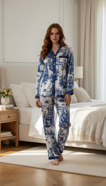 Pyjama Satin Bleu et Blanc Femme | Élégance Toile de Jouy | Ensemble 2 Pièces Manches Longues et Pantalon - Mise en situation portée