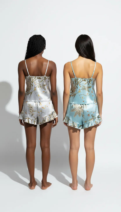 Pyjama Satin Bleu et Gris Femme | Short à Volants et Débardeur à Bretelles | Pack 2 Pièces - Vue de dos