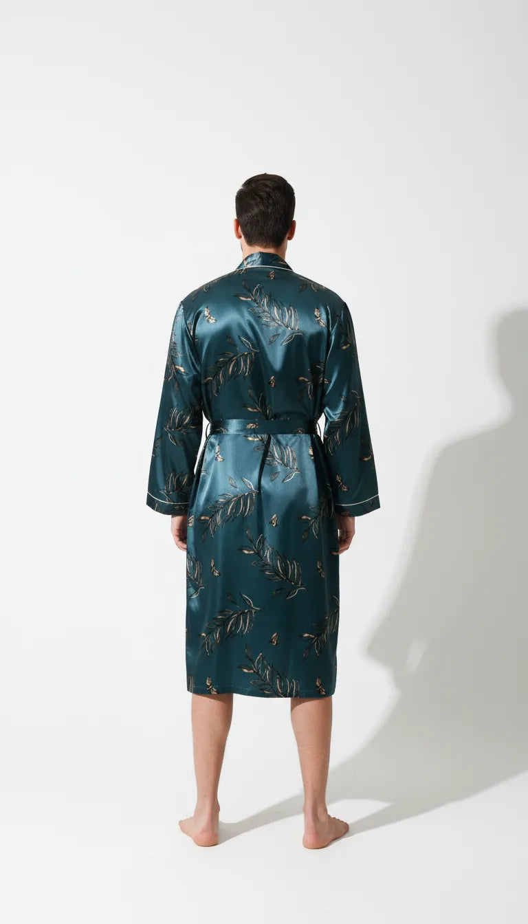 Pyjama Satin Bleu et Or pour Homme | Peignoir Kimono Long | 1 Pièce - Vue de dos