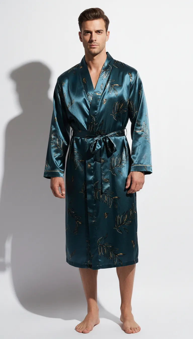 Pyjama Satin Bleu et Or pour Homme | Peignoir Kimono Long | 1 Pièce - Vue de face