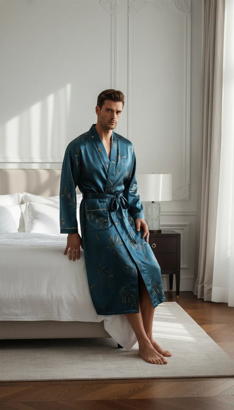 Pyjama Satin Bleu et Or pour Homme | Peignoir Kimono Long | 1 Pièce - Mise en situation portée