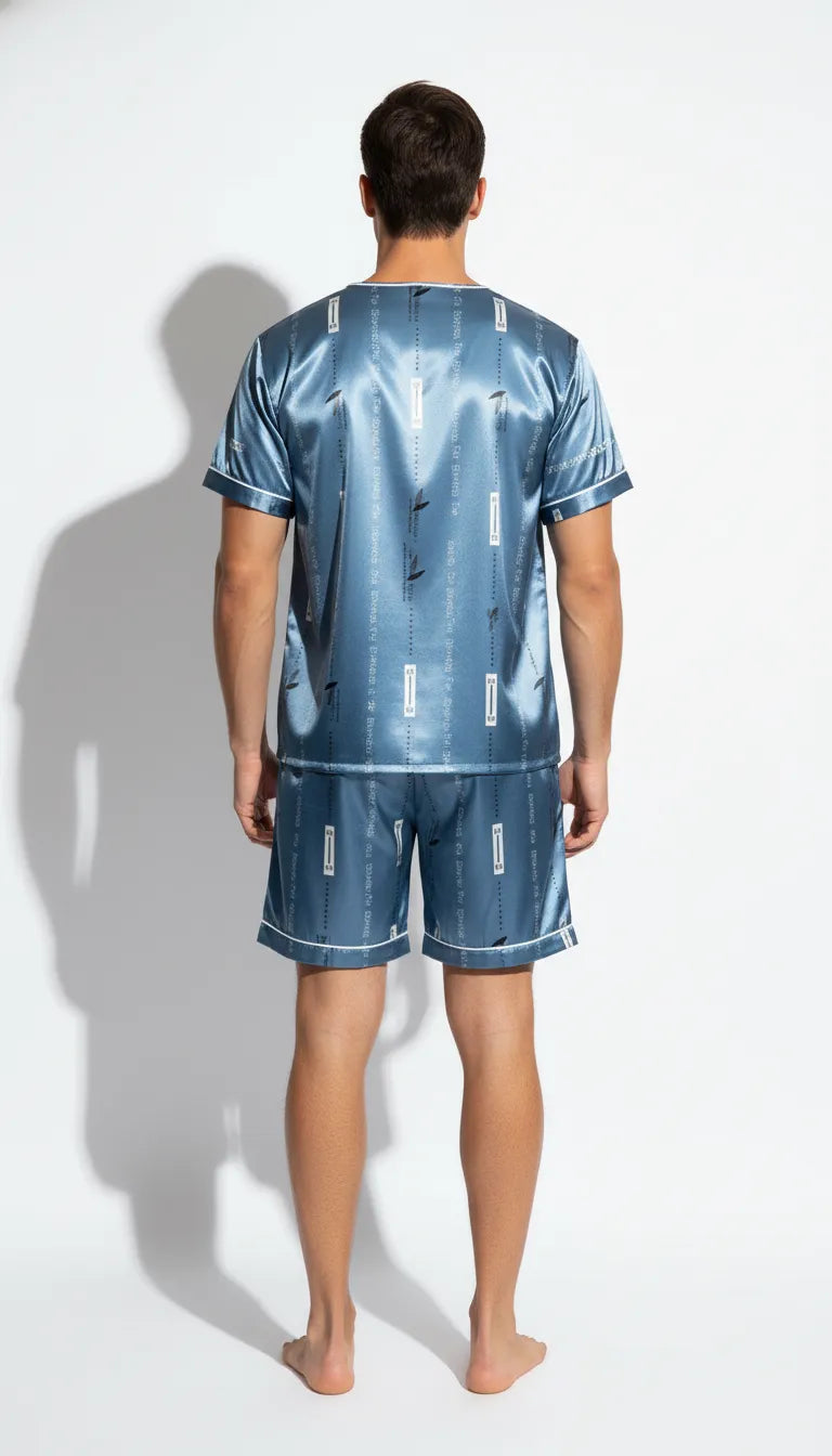 Pyjama Satin Bleu pour Homme | Chic et Décontracté | Short et Tee-shirt Manches Courtes | Ensemble 2 Pièces - Vue de dos