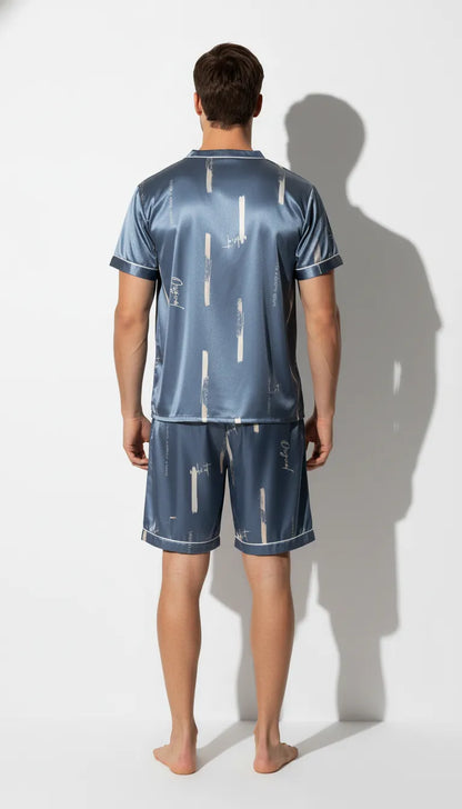 Pyjama Satin Bleu pour Homme | Ensemble Chic V-Neck & Short | Manches Courtes | 2 Pièces - Vue de dos