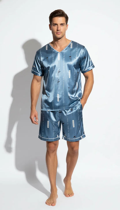 Pyjama Satin Bleu pour Homme | Chic et Décontracté | Short et Tee-shirt Manches Courtes | Ensemble 2 Pièces - Vue de face