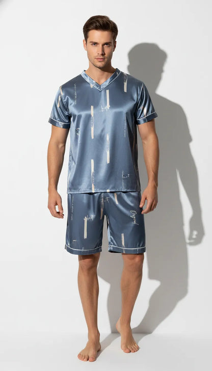 Pyjama Satin Bleu pour Homme | Ensemble Chic V-Neck & Short | Manches Courtes | 2 Pièces - Vue de face