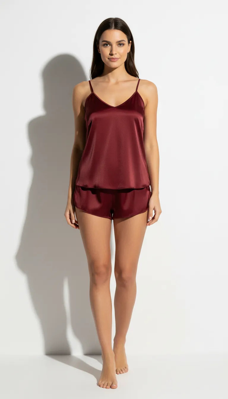 Pyjama Satin Bordeaux pour Femme | Débardeur à bretelles fines & Shorty | Ensemble 2 Pièces - Vue de face
