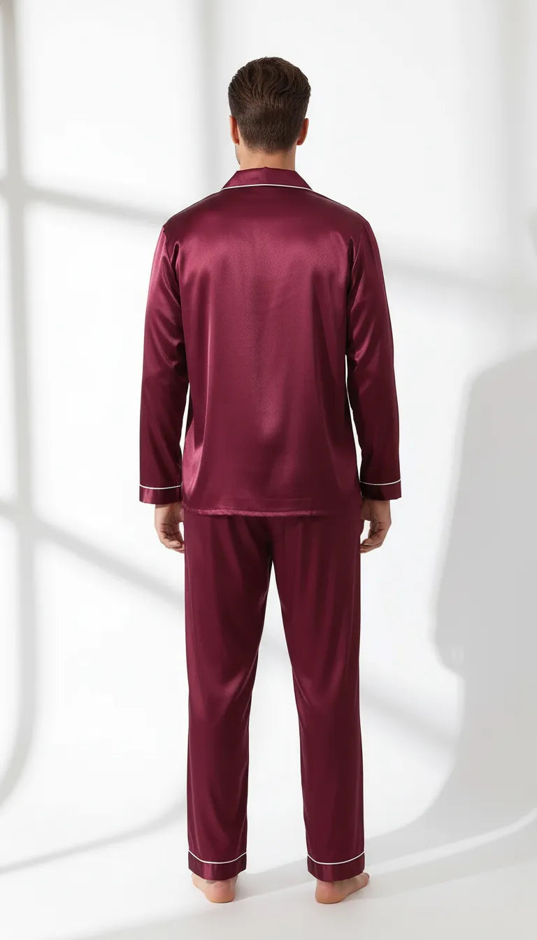 Pyjama Satin Bordeaux pour Homme | Classique Raffiné | Ensemble 2 Pièces Manches Longues - Vue de dos
