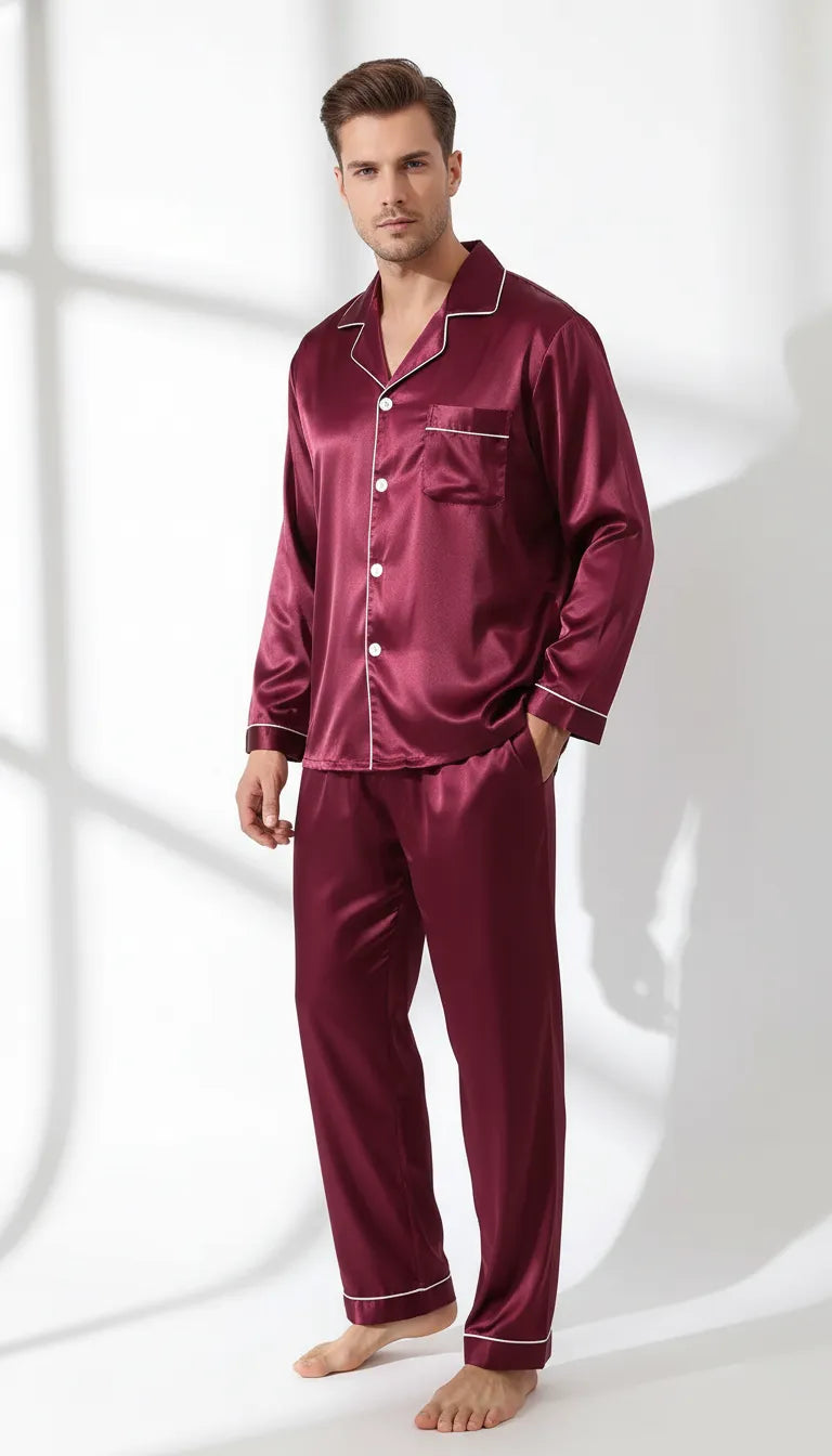 Pyjama Satin Bordeaux pour Homme | Classique Raffiné | Ensemble 2 Pièces Manches Longues - Vue de face