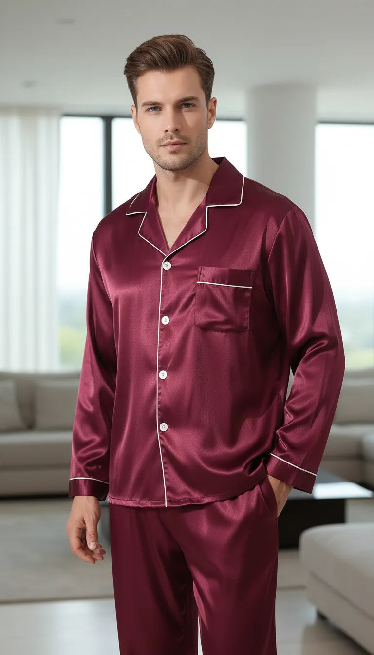 Pyjama Satin Bordeaux pour Homme | Classique Raffiné | Ensemble 2 Pièces Manches Longues - Mise en situation portée