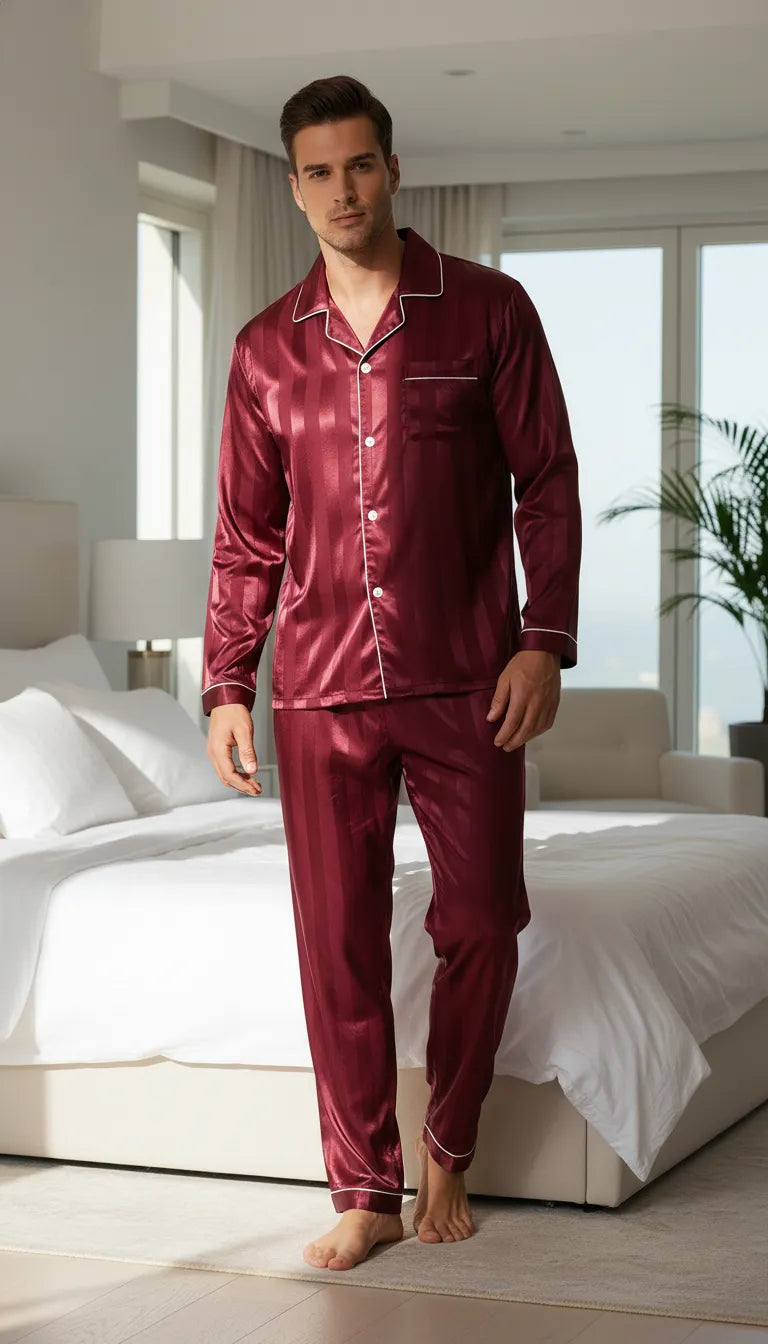 Pyjama Satin Bordeaux pour Homme | Classique Rayé Élégant | Chemise Manches Longues & Pantalon | 2 Pièces - Mise en situation portée