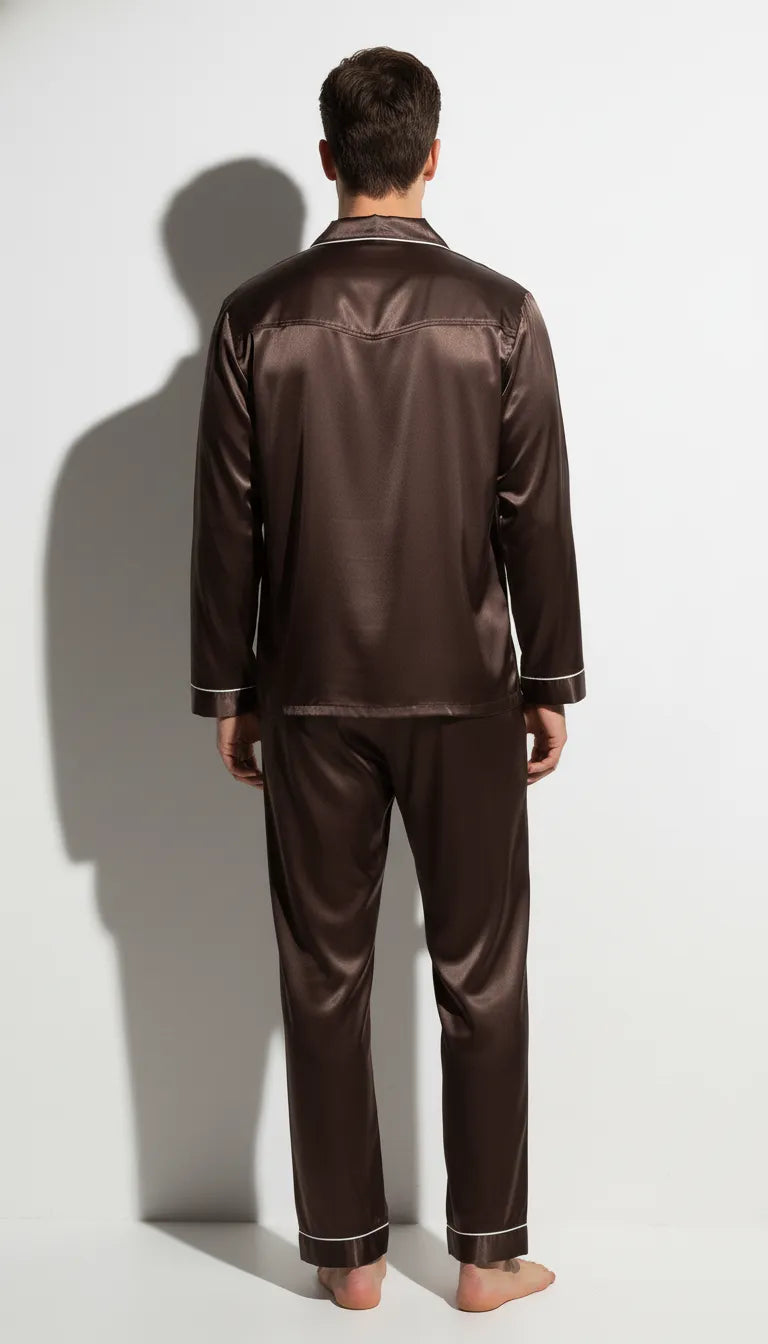 Pyjama Satin Brun Classique Homme | Chemise Boutonnée Manches Longues | Pantalon Long | 2 Pièces - Vue de dos