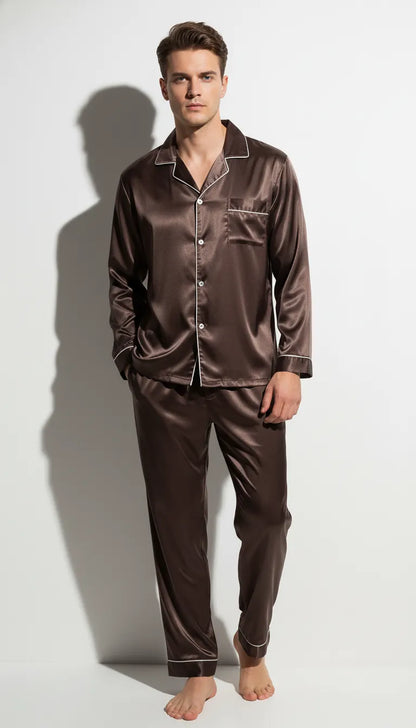 Pyjama Satin Brun Classique Homme | Chemise Boutonnée Manches Longues | Pantalon Long | 2 Pièces - Vue de face