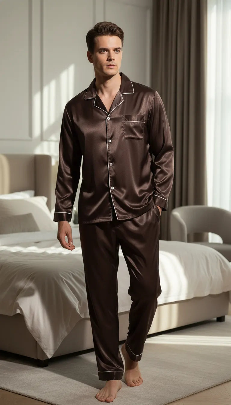 Pyjama Satin Brun Classique Homme | Chemise Boutonnée Manches Longues | Pantalon Long | 2 Pièces - Mise en situation portée