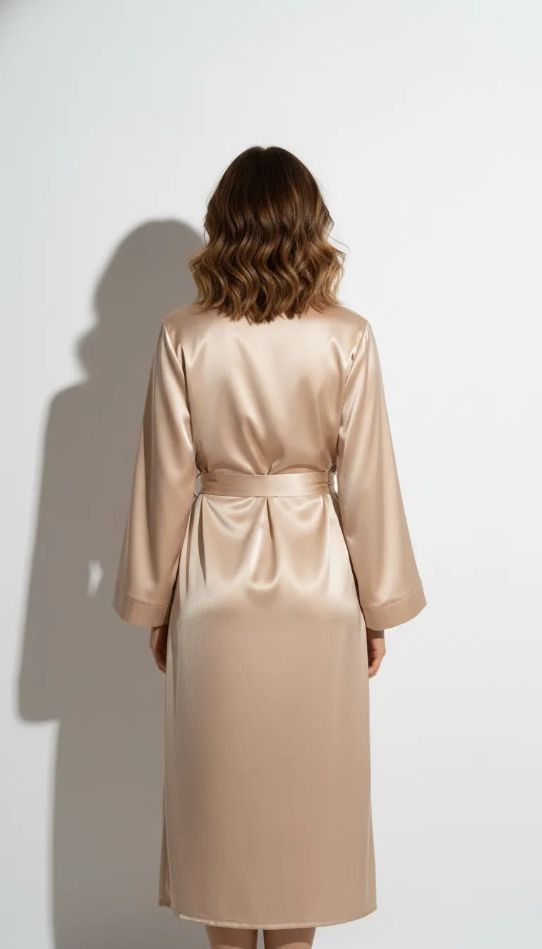 Pyjama Satin Champagne pour Femme | Nuisette à Col V et Kimono Long | Ensemble 2 Pièces - Vue de dos